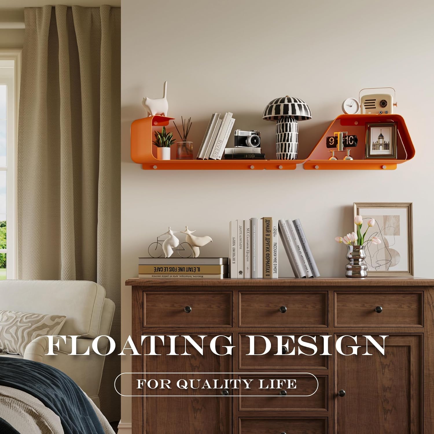 Set of 3 Floating Metal Wall Shelves with Orange Design