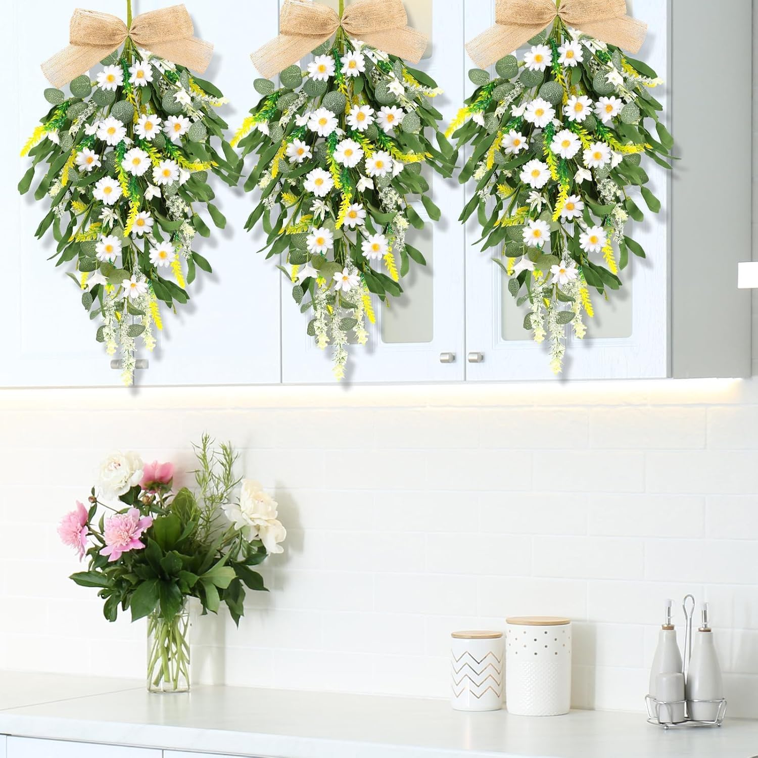 4 Pcs 24 Inch Artificial White Daisy Teardrop Wreath Swag