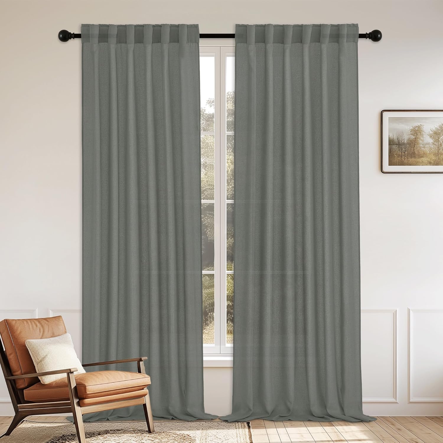 StangH Faux Linen Curtains 2 Panels Set Charcoal Grey 90 Inches Long