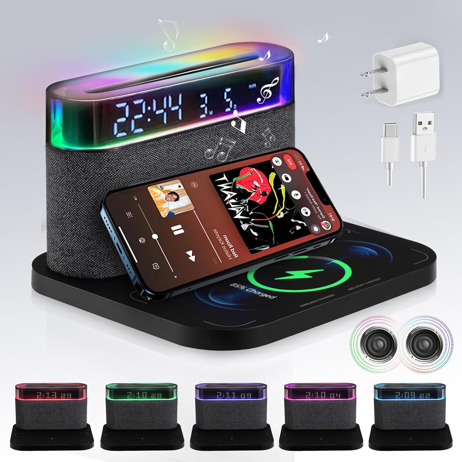 Bluetooth Alarm Clock with Wireless Charging and Night Light