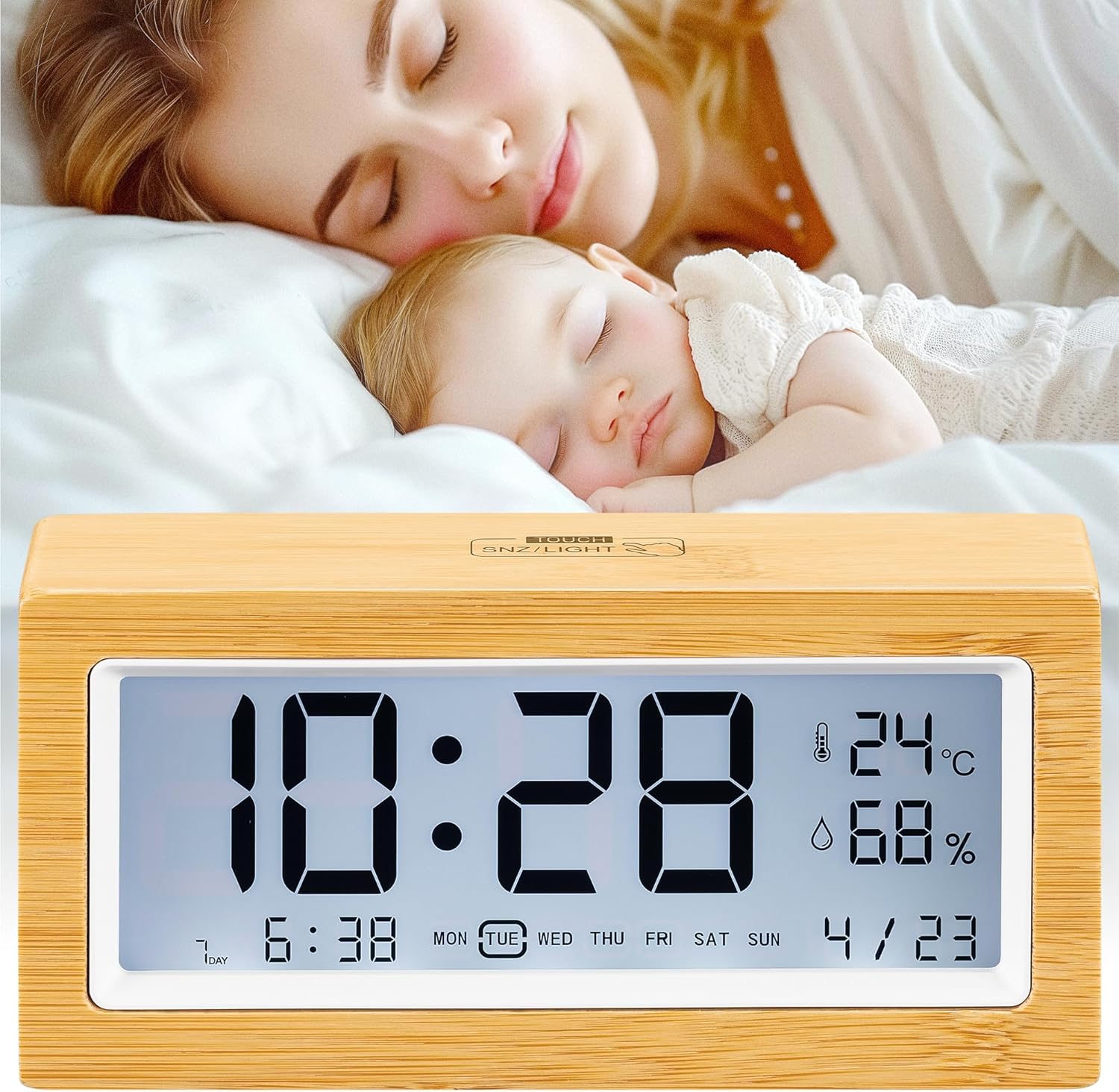 Navaris Digital Alarm Clock with Bamboo Frame and LCD Display 1