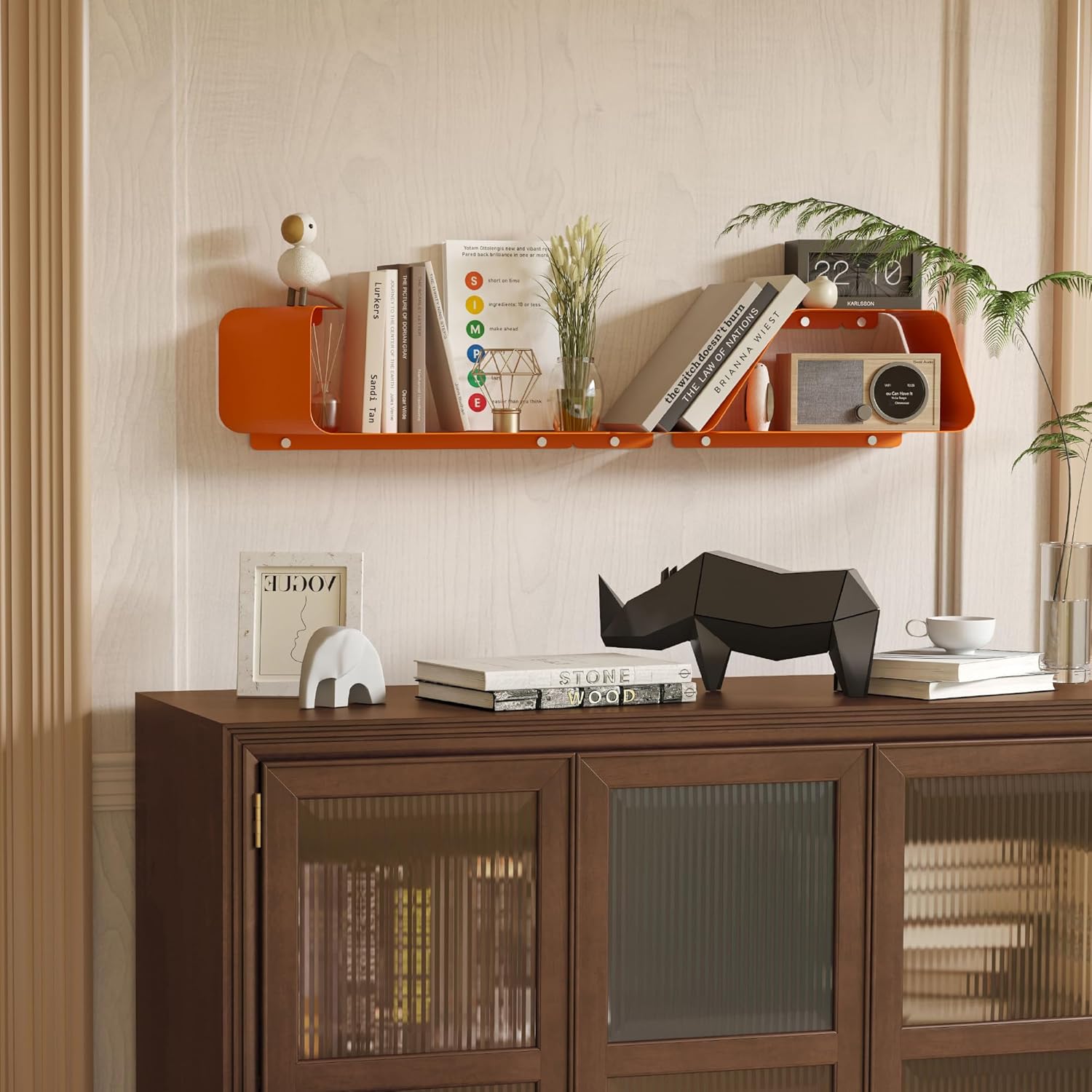 Set of 3 Floating Metal Wall Shelves with Orange Design