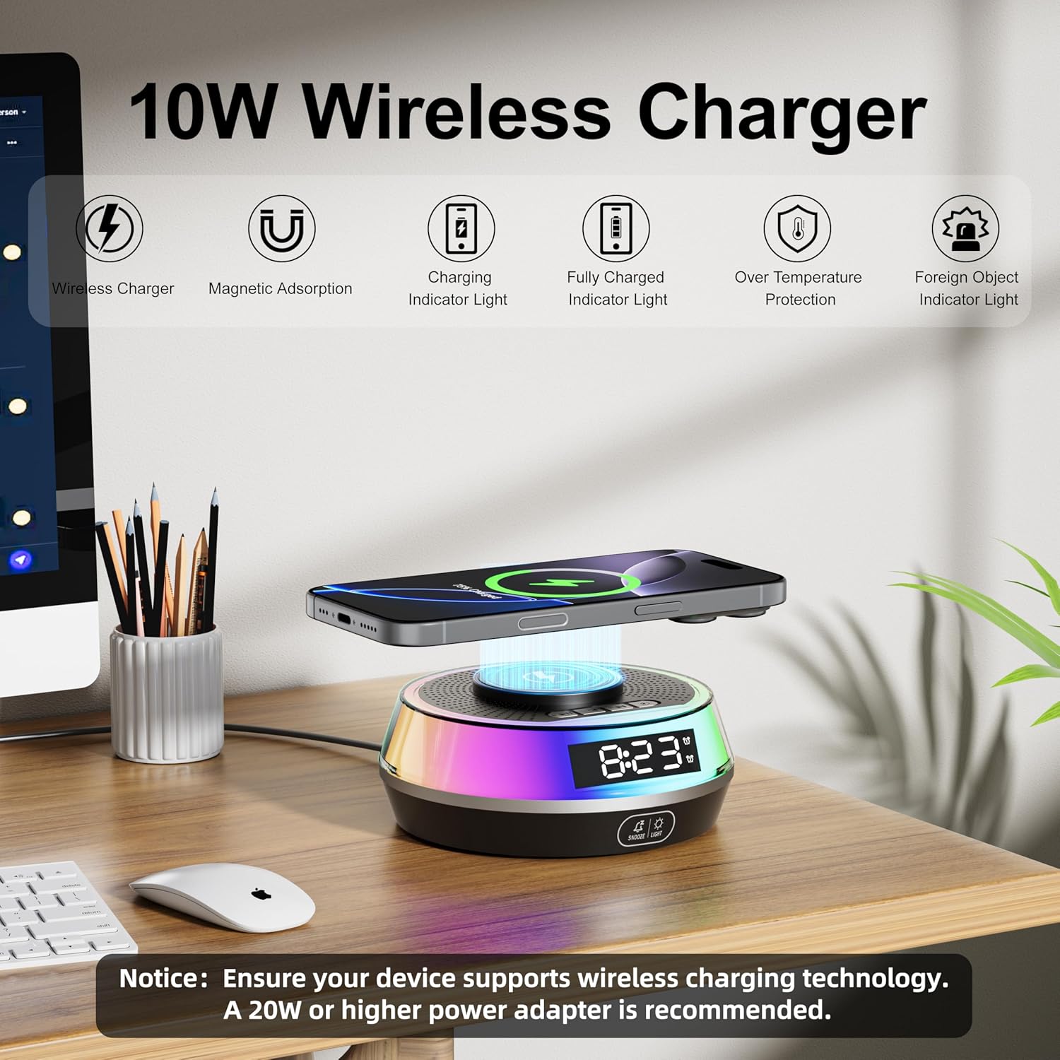 5 in 1 Alarm Clock with Wireless Charger and Bluetooth Speaker