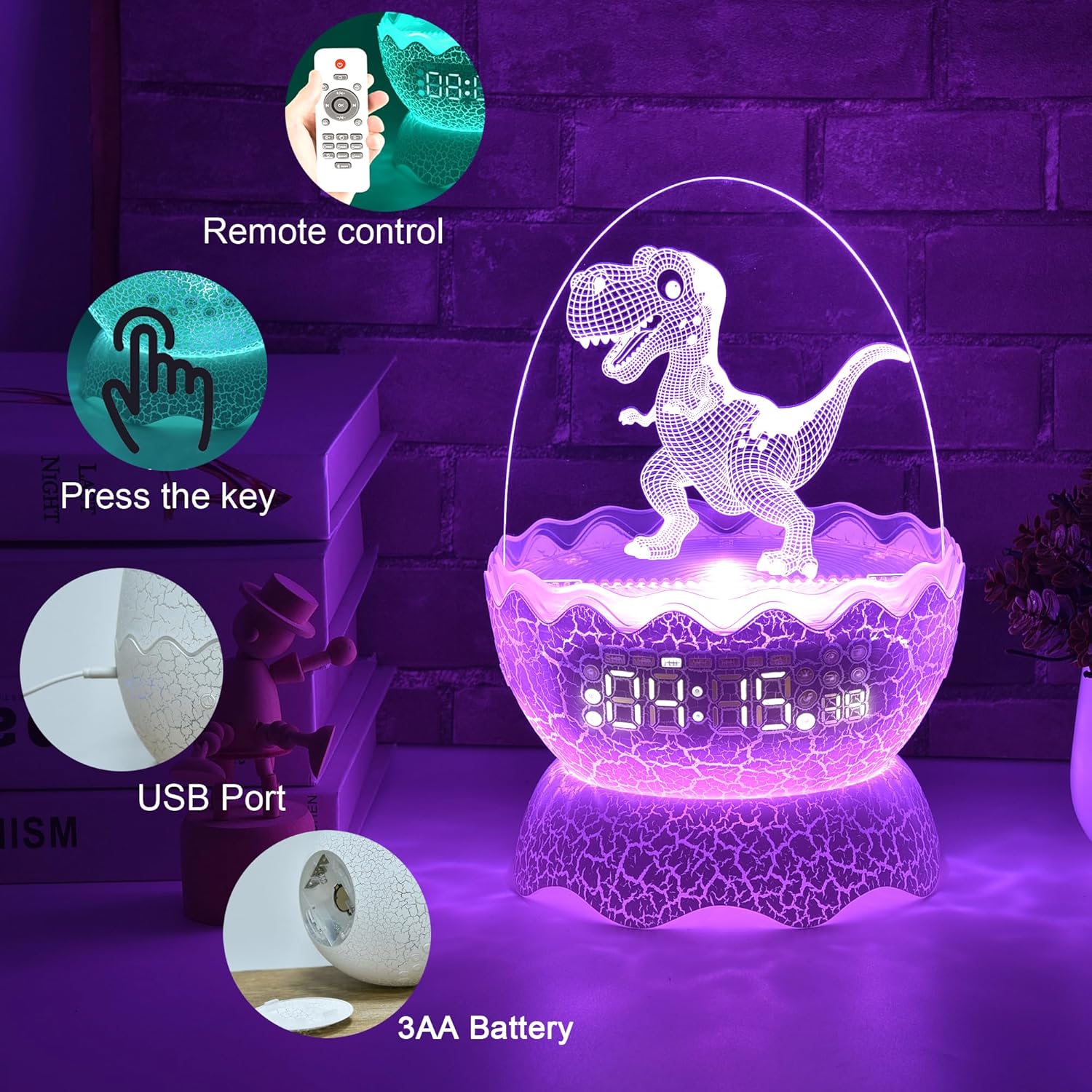 Cute Dinosaur Egg Alarm Clock with Night Light and Bluetooth Speaker