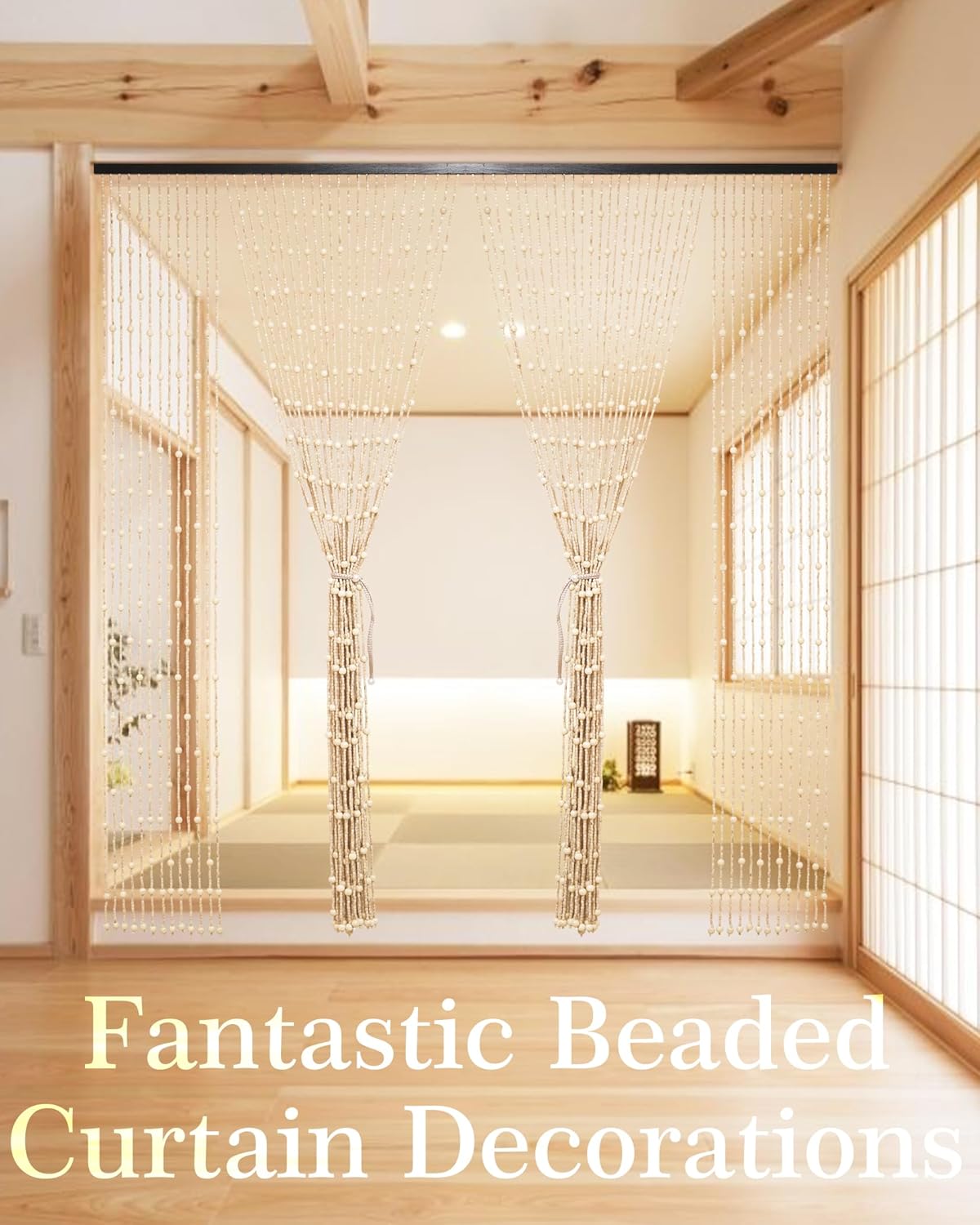 38 Strands Beaded Bamboo Curtain - Beige 354 x 787 Inch