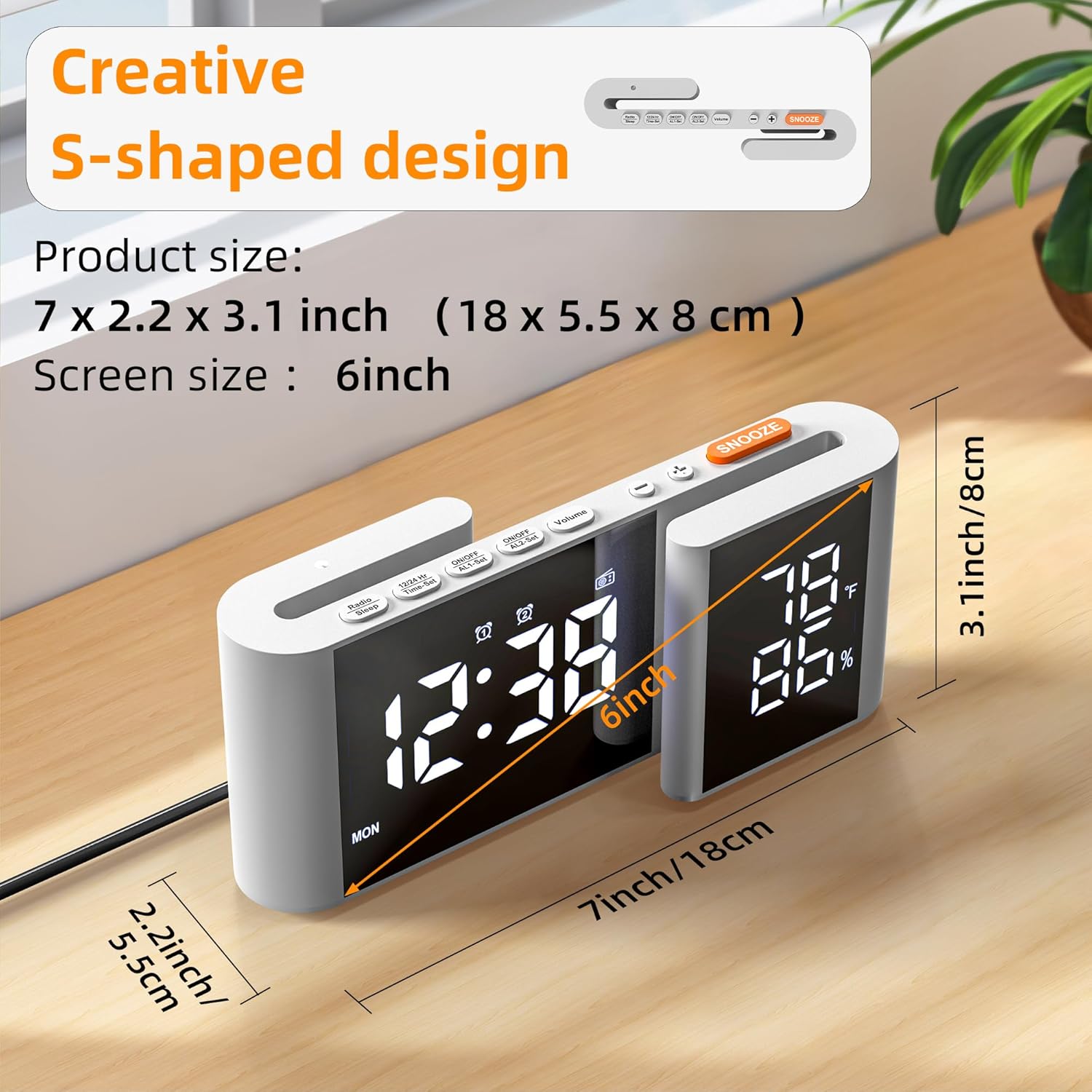 Vauno S-Shaped Alarm Clock with Dual Display and FM Radio