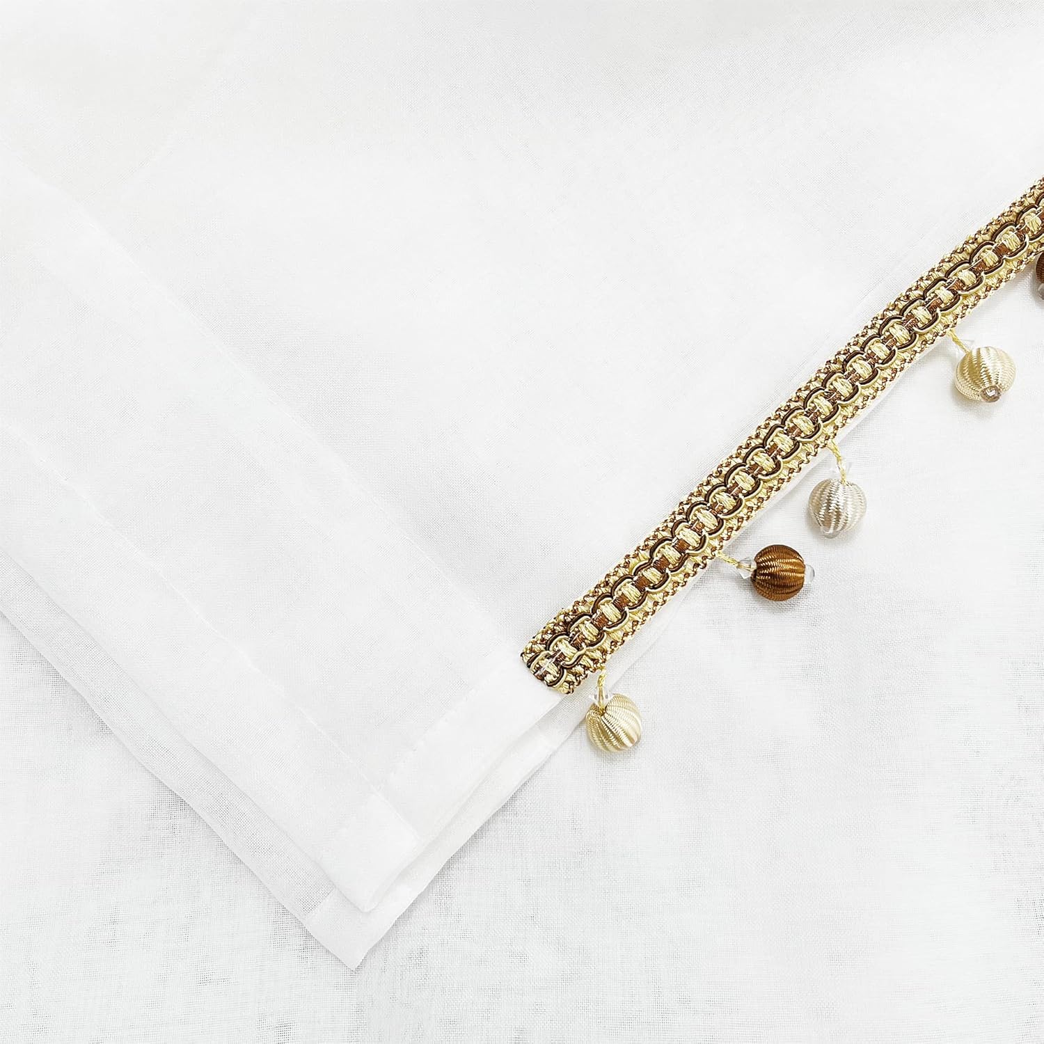 Boho Linen Sheer Curtains with Gold Beads 2 Panels 52x84 Inch