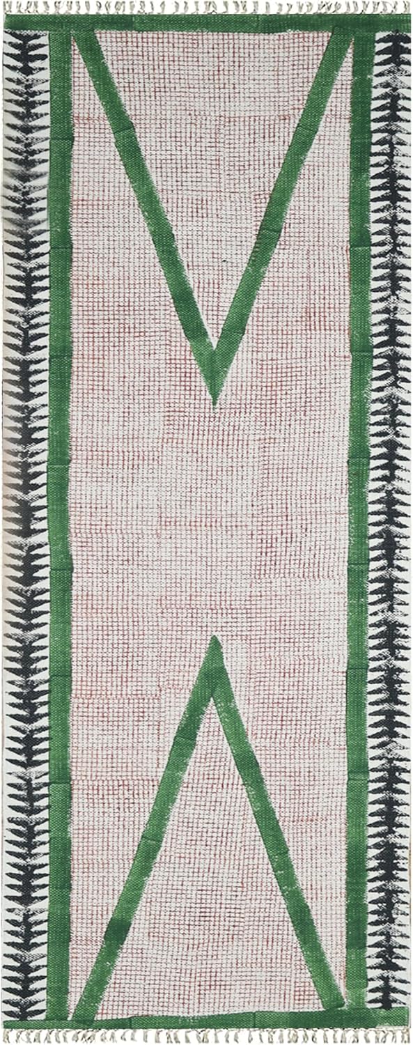 Art of Jaipur Cotton Runner Rug 4x8 Green Block Printed Dhurrie