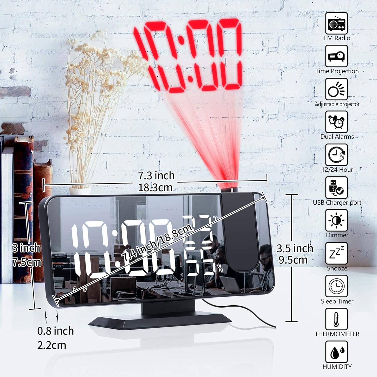 THE CEO Dual Alarm Clock with Ceiling Projection and USB Charging