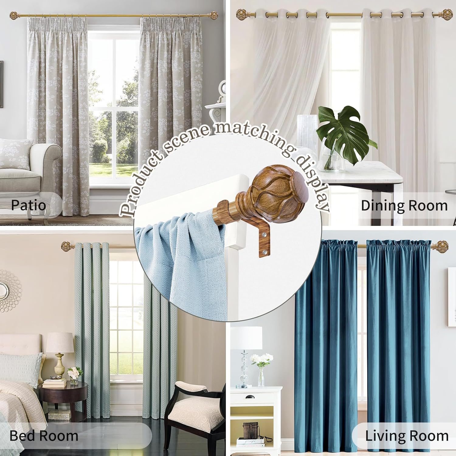 EQURROY Wood Curtain Rod for Windows 28-48 Inches