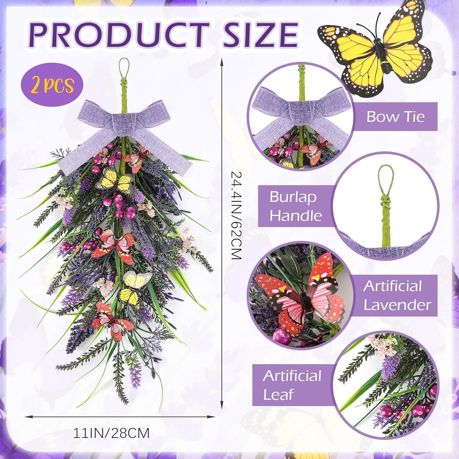 2 Pcs 24 Inch Artificial Lavender Teardrop Wreaths