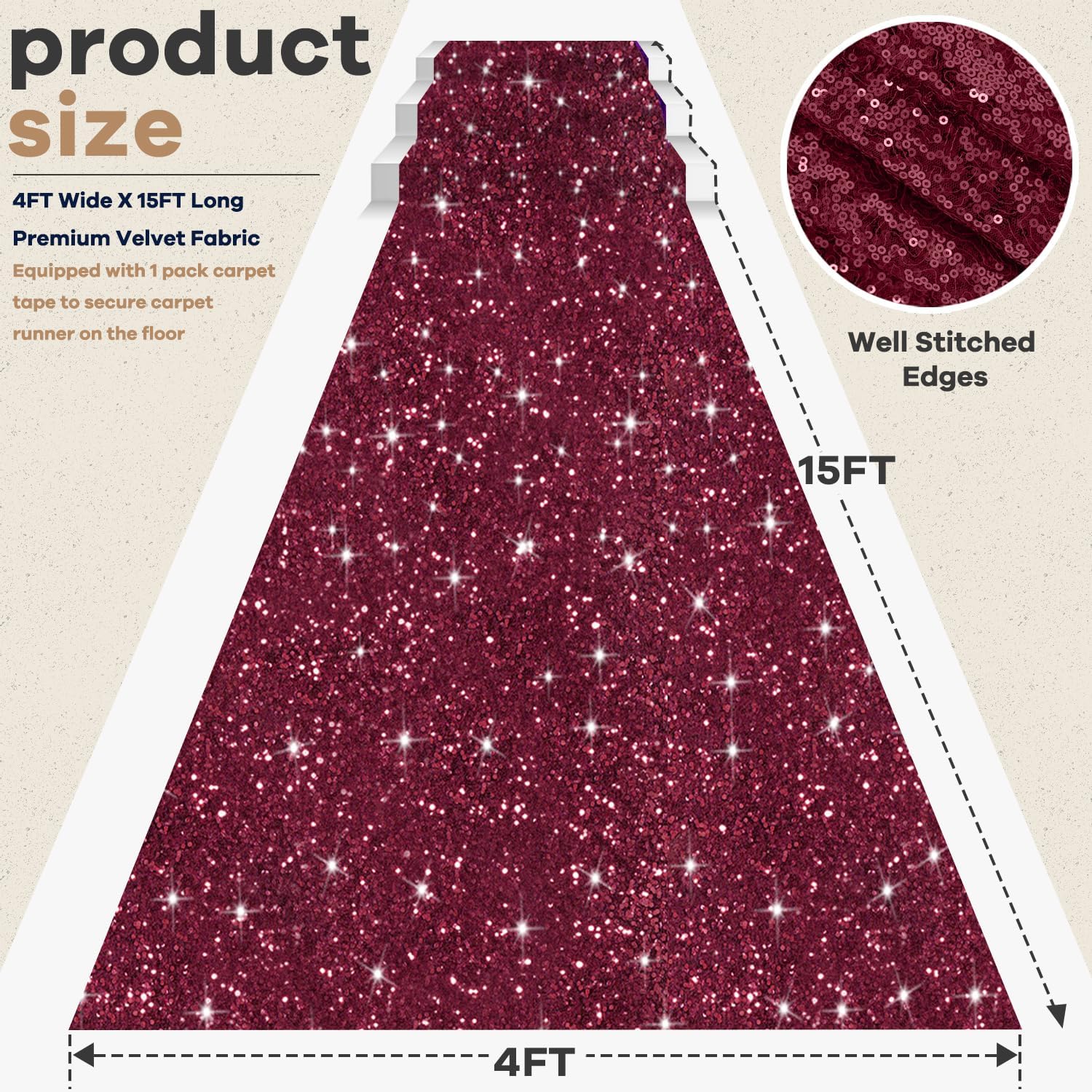 Burgundy Glitter Sequins Aisle Runner 4ft x 15ft