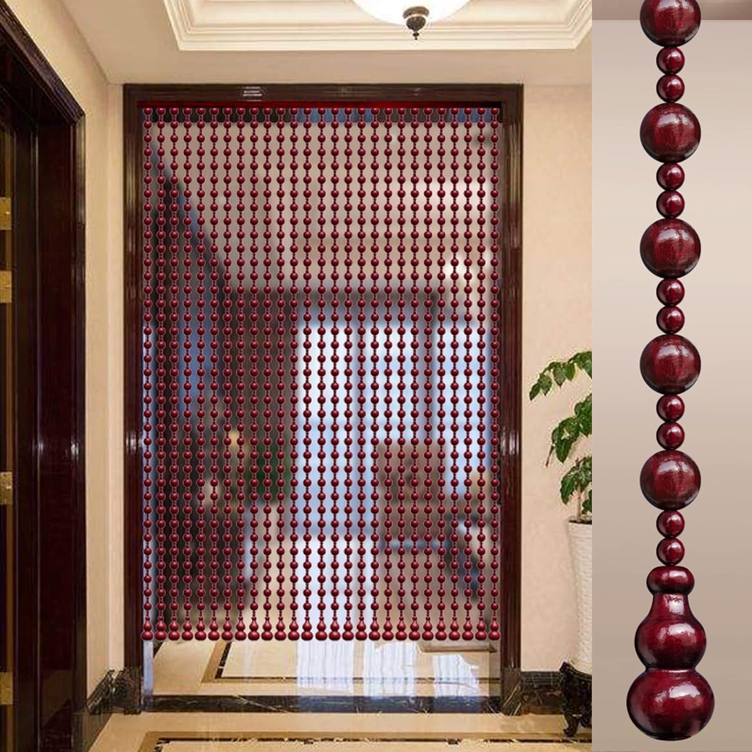 KDDEON Retro Wood Bead Curtain Dark Red 25 Strands 394x827
