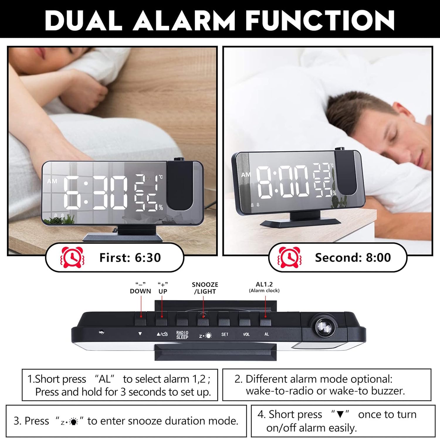 THE CEO Dual Alarm Clock with Ceiling Projection and USB Charging
