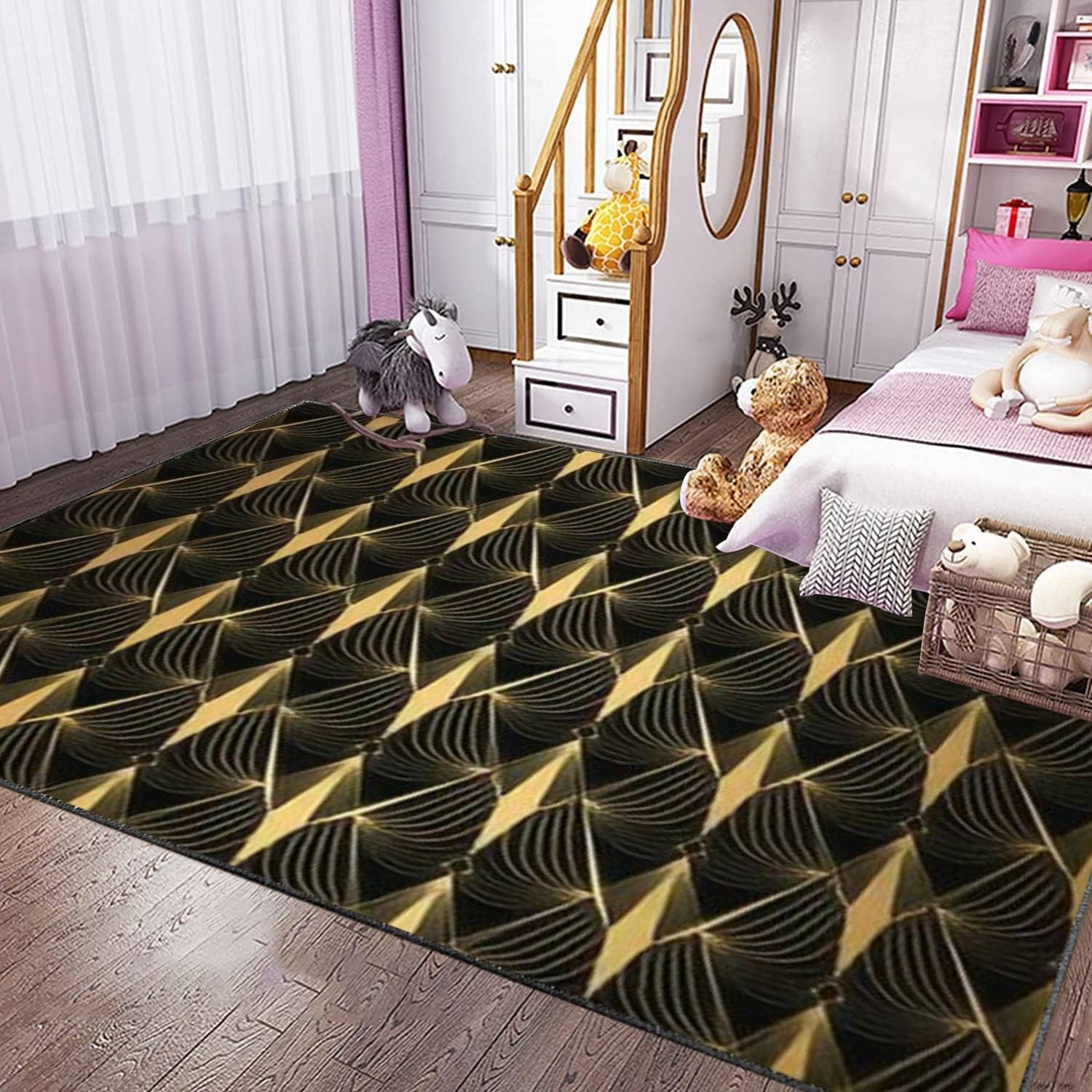 Modern 3D Art Deco Black Gold Shells Rug for Living Room
