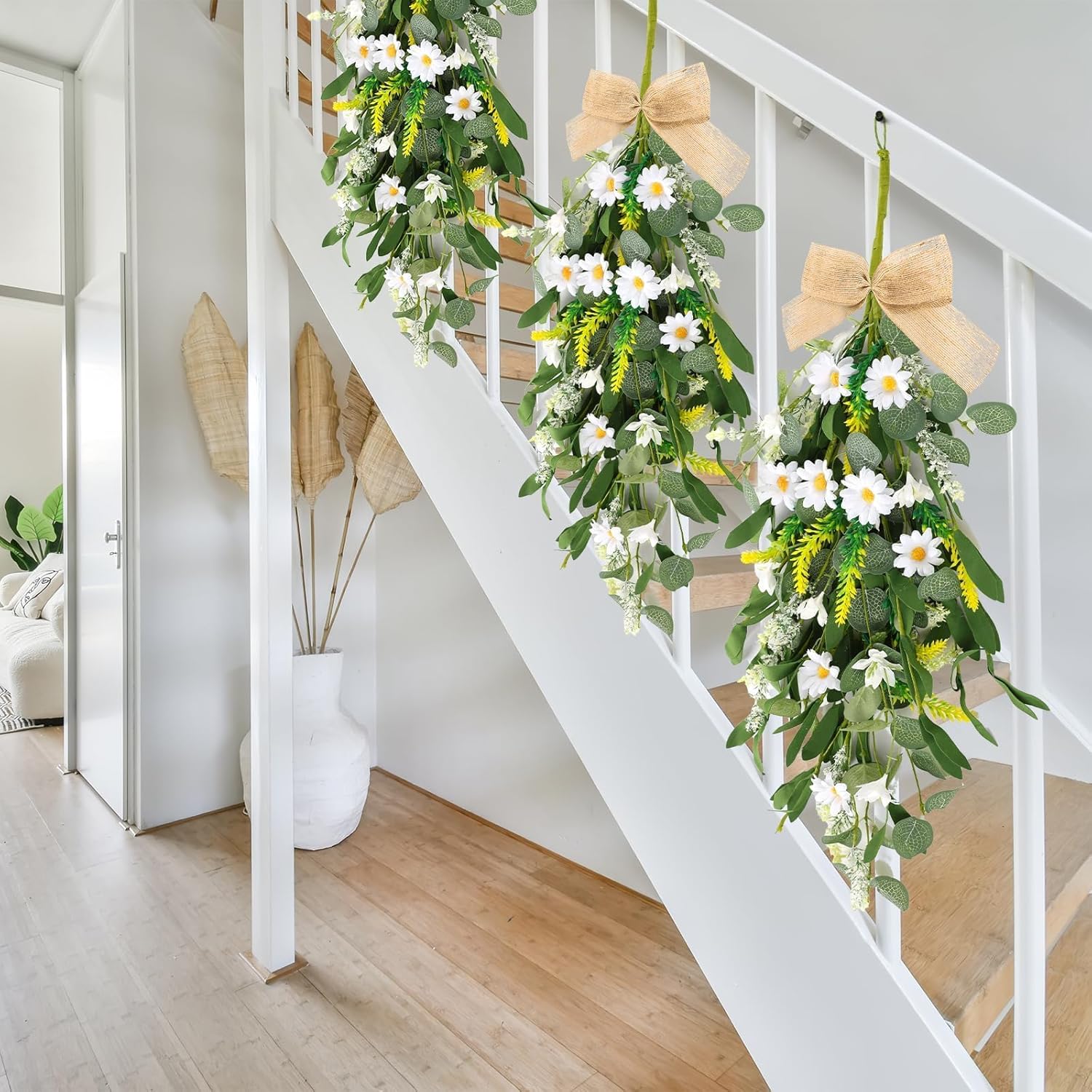 4 Pcs 24 Inch Artificial White Daisy Teardrop Wreath Swag