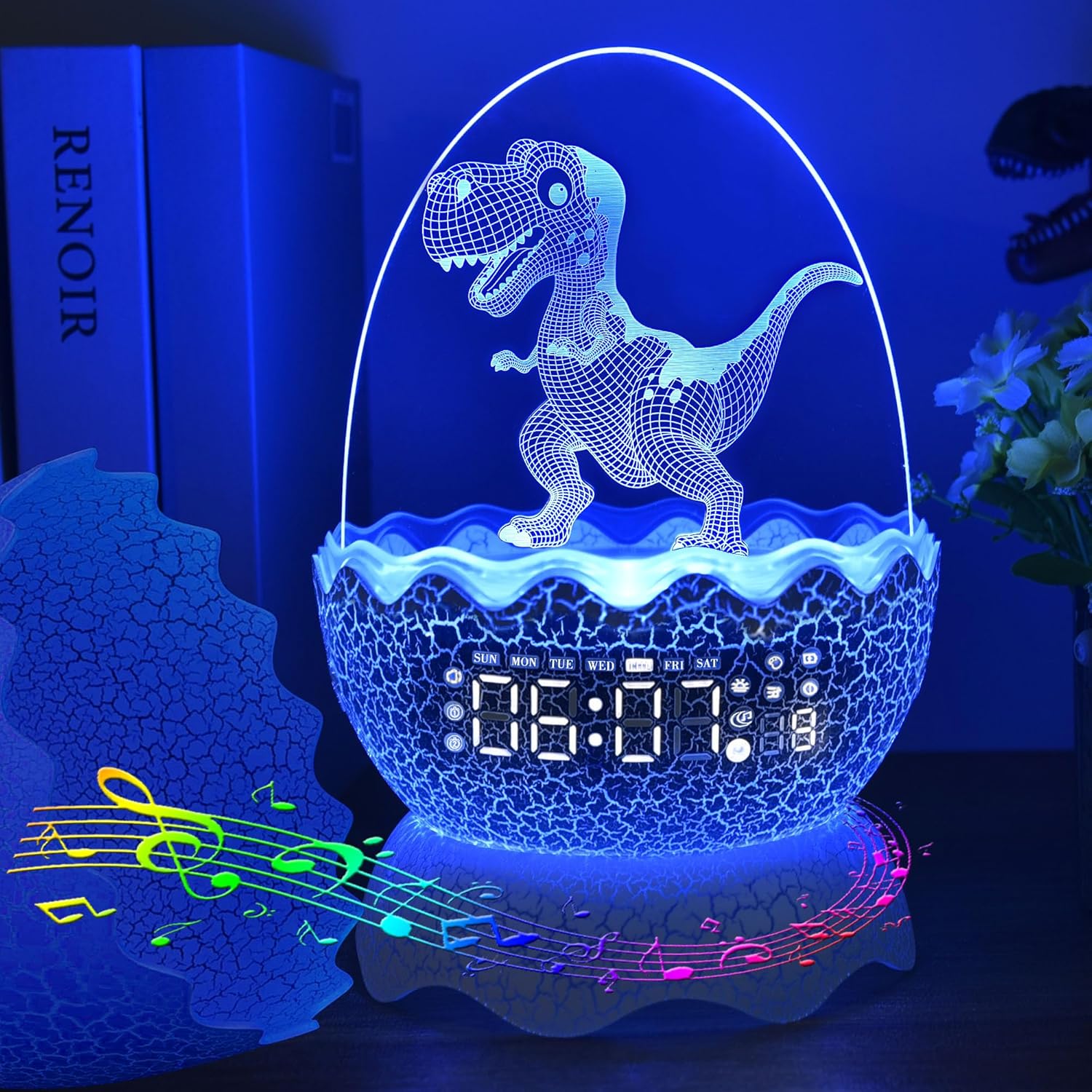 Cute Dinosaur Egg Alarm Clock with Night Light and Bluetooth Speaker