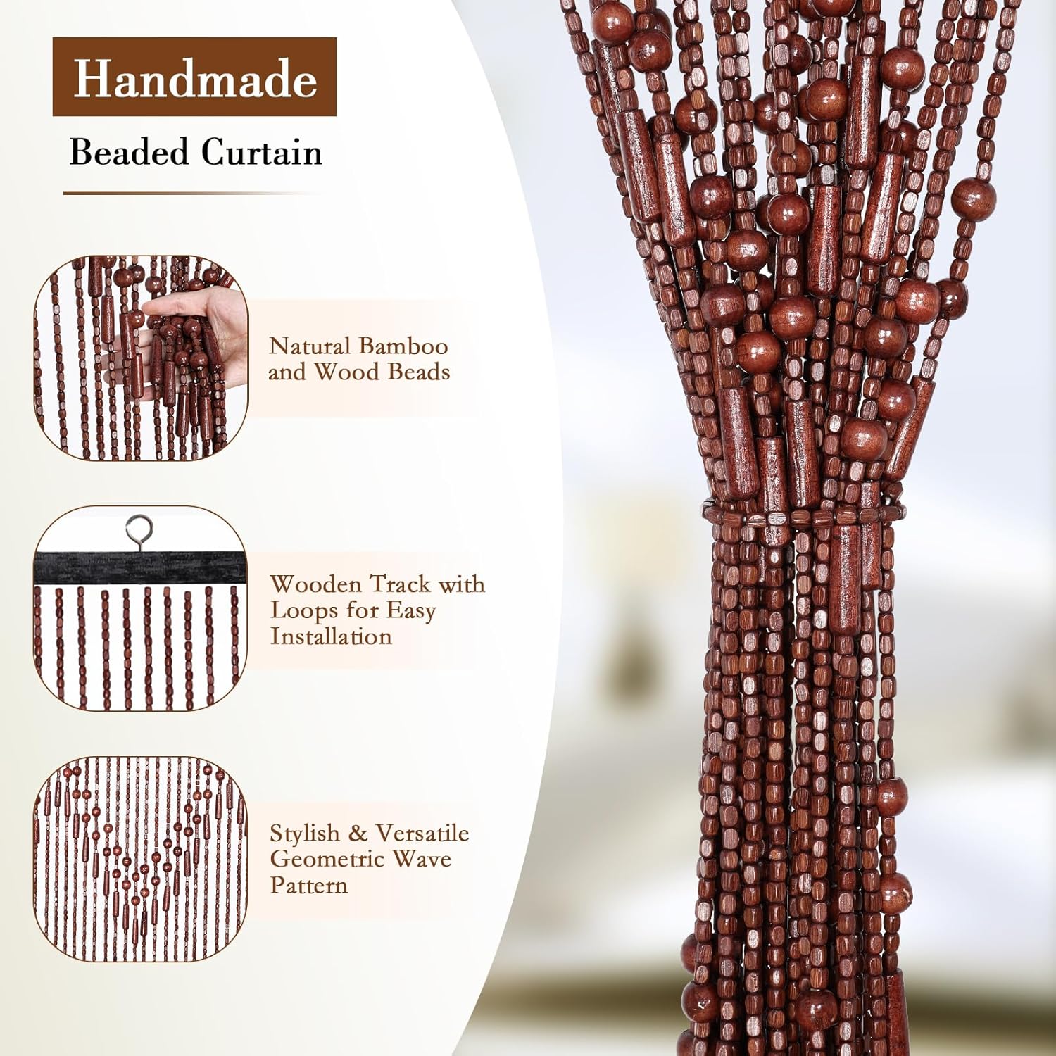 Handmade Bamboo Beaded Curtain - Boho Door Divider 75 x 355 Inches