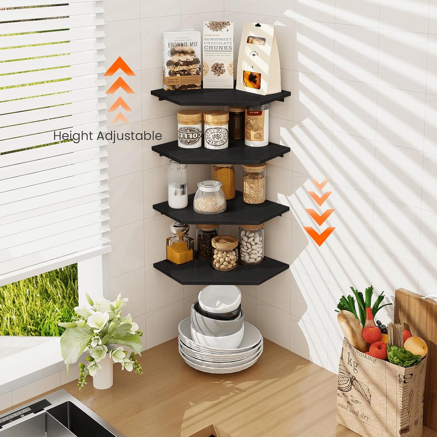 Homode 4 Tier Diamond Shape Corner Wall Shelves Black