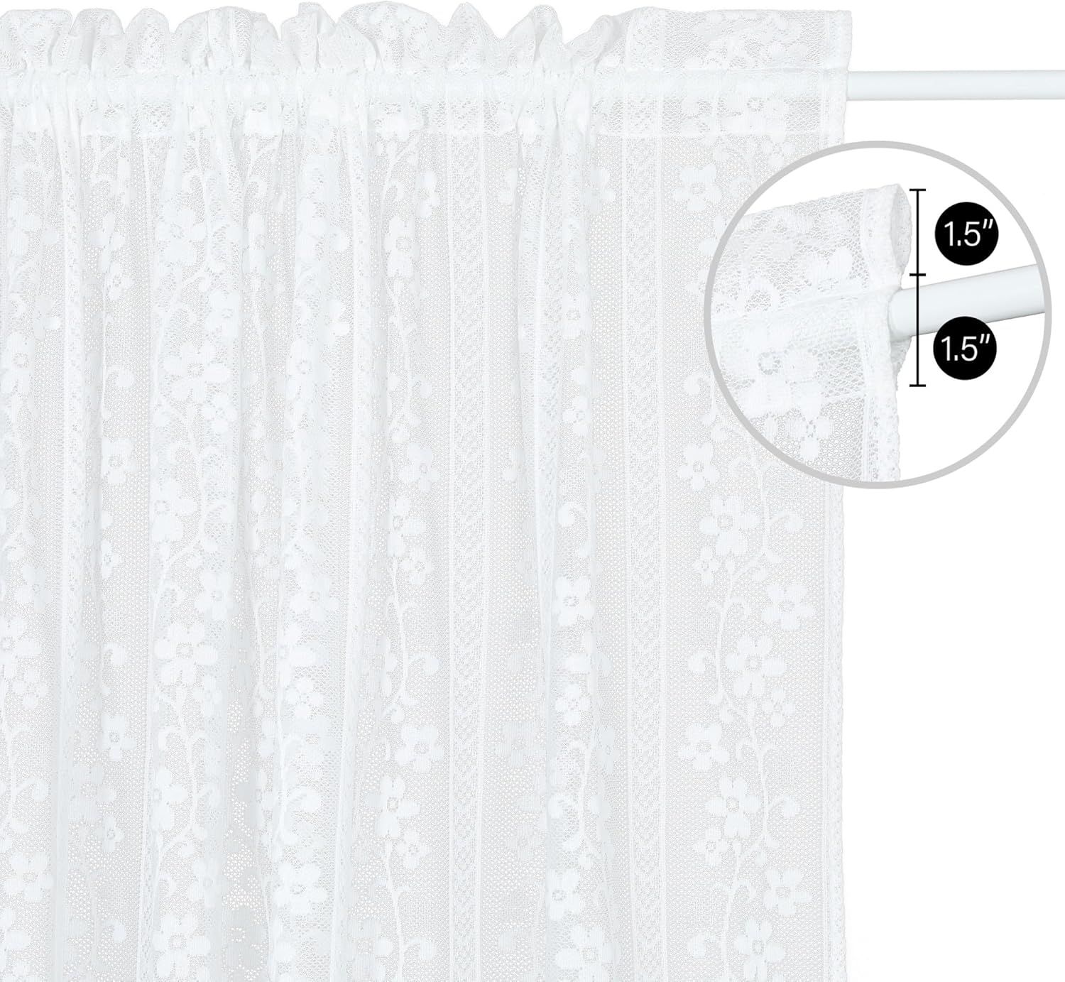 White Lace French Door Curtain with Tieback and Floral Design