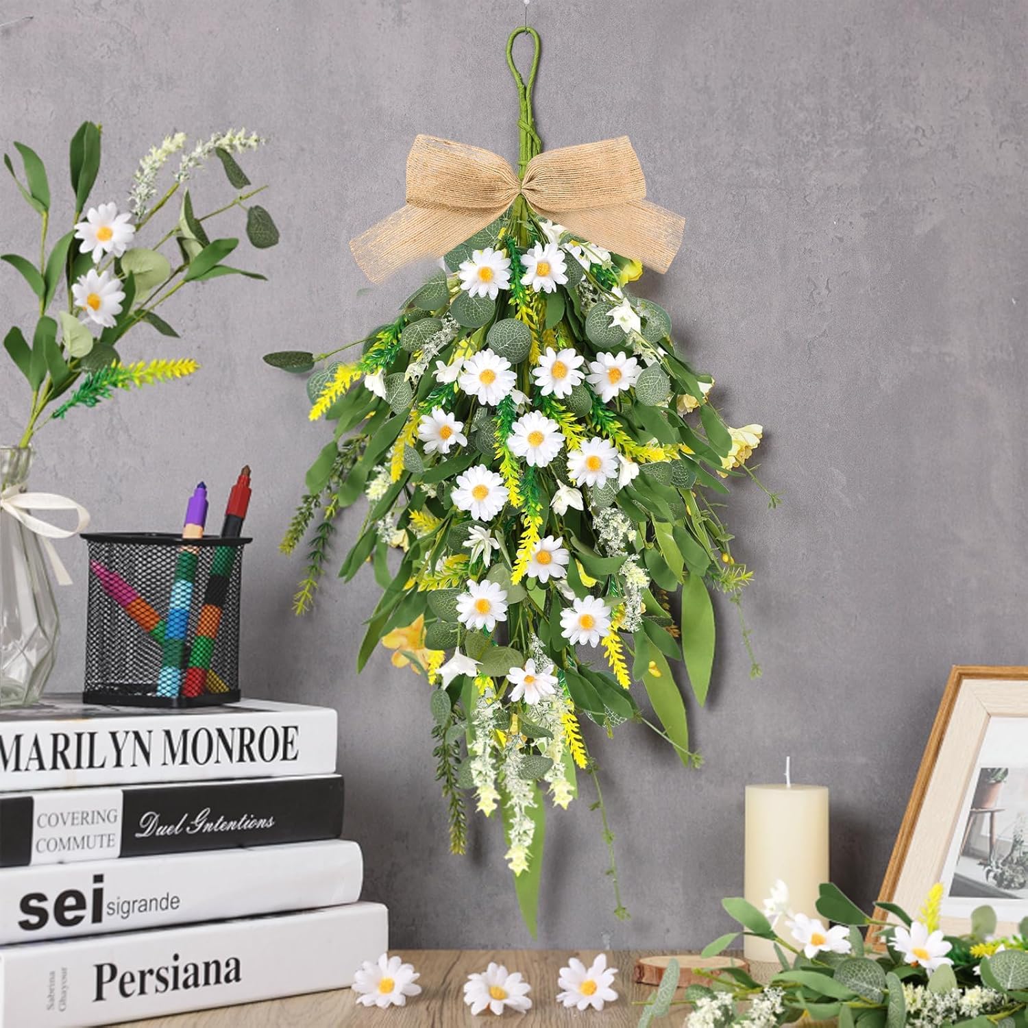 4 Pcs 24 Inch Artificial White Daisy Teardrop Wreath Swag