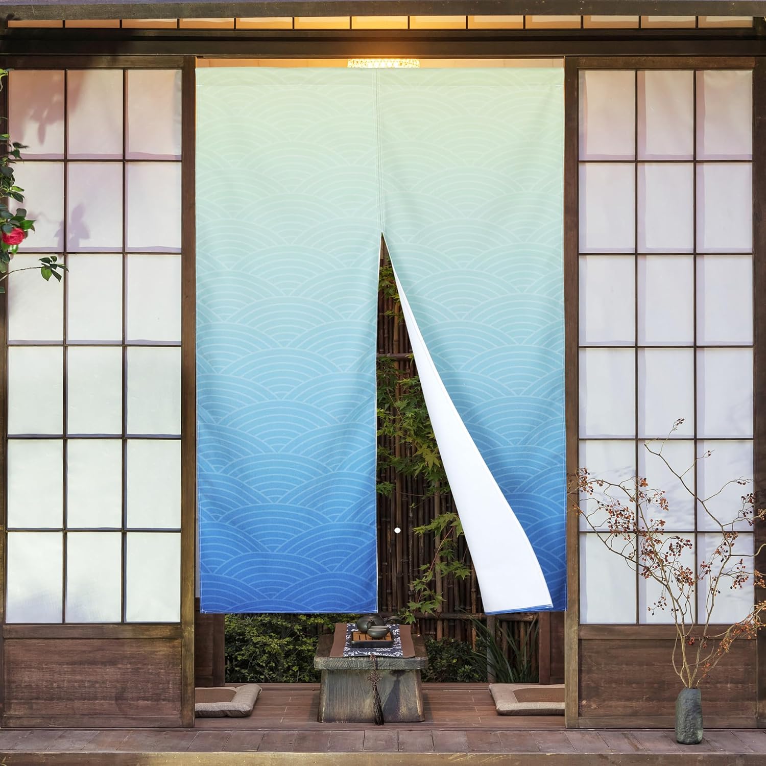 Japanese Noren Door Curtain Blue Beige Wave Pattern