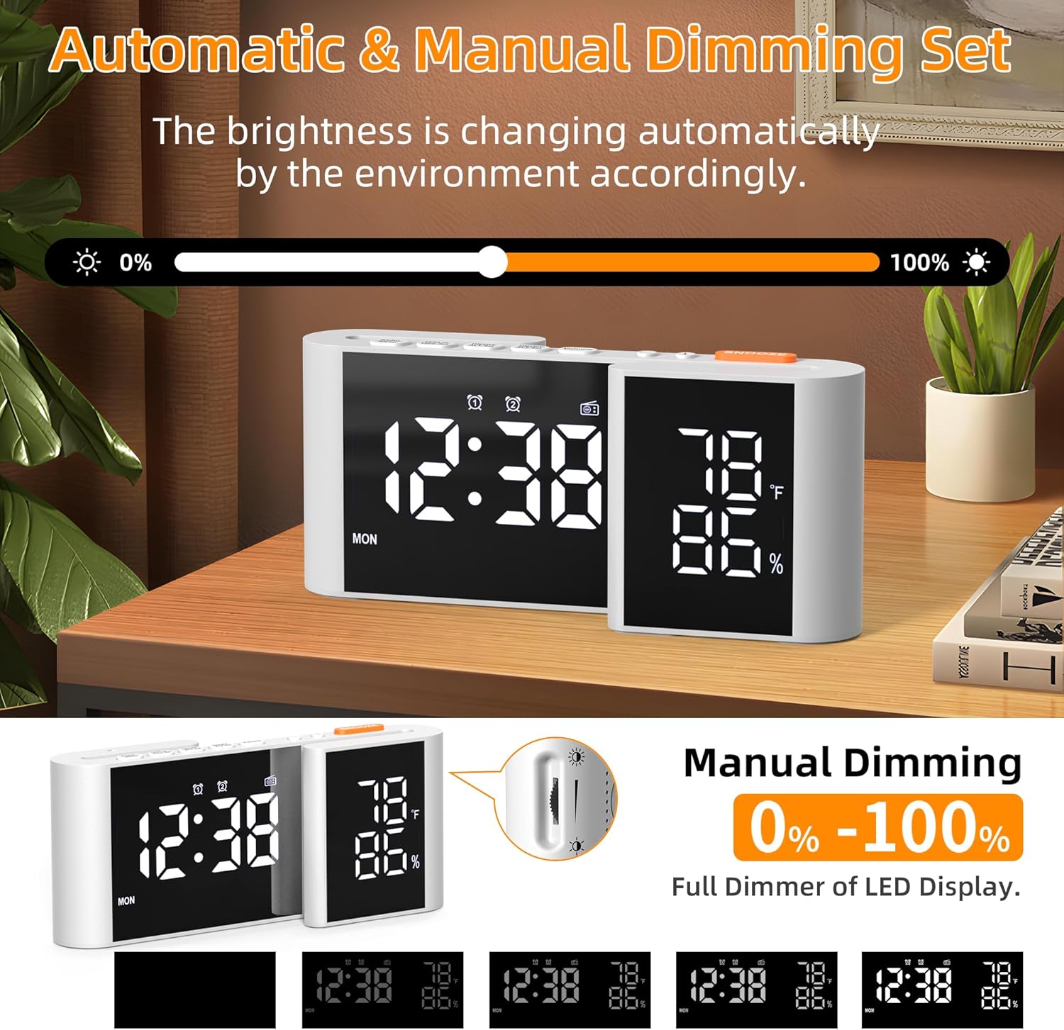 Vauno S-Shaped Alarm Clock with Dual Display and FM Radio