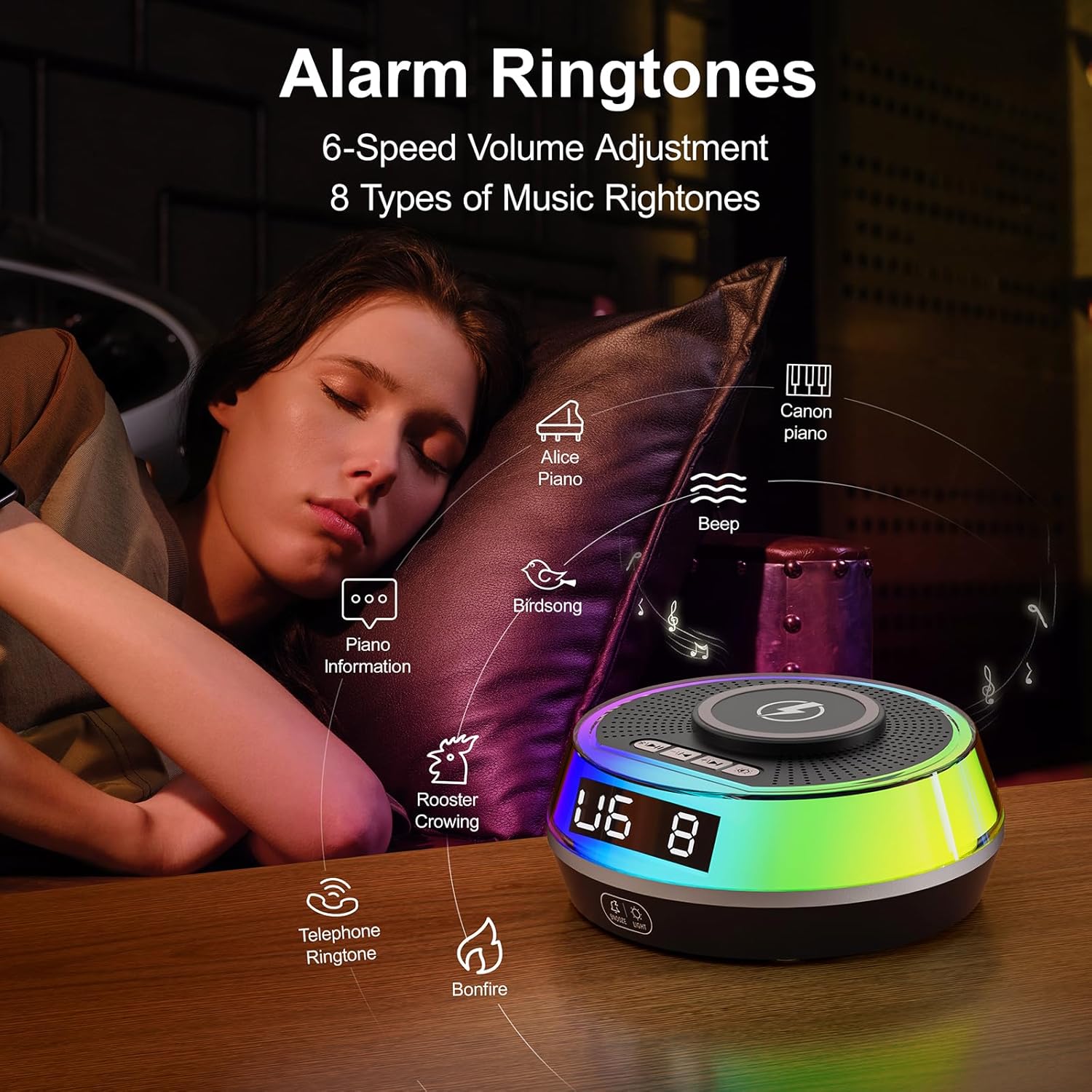 5 in 1 Alarm Clock with Wireless Charger and Bluetooth Speaker