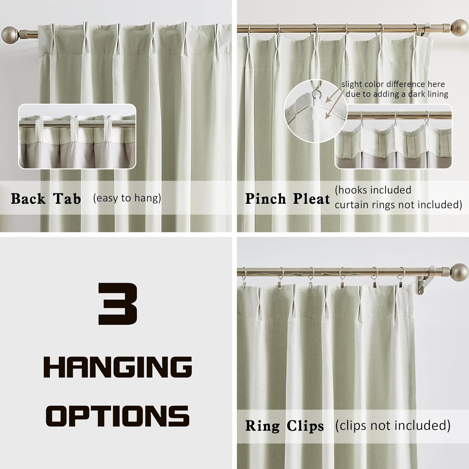 MAIHER 80 Inch Blackout Linen Curtains with Pinch Pleat and Back Tabs