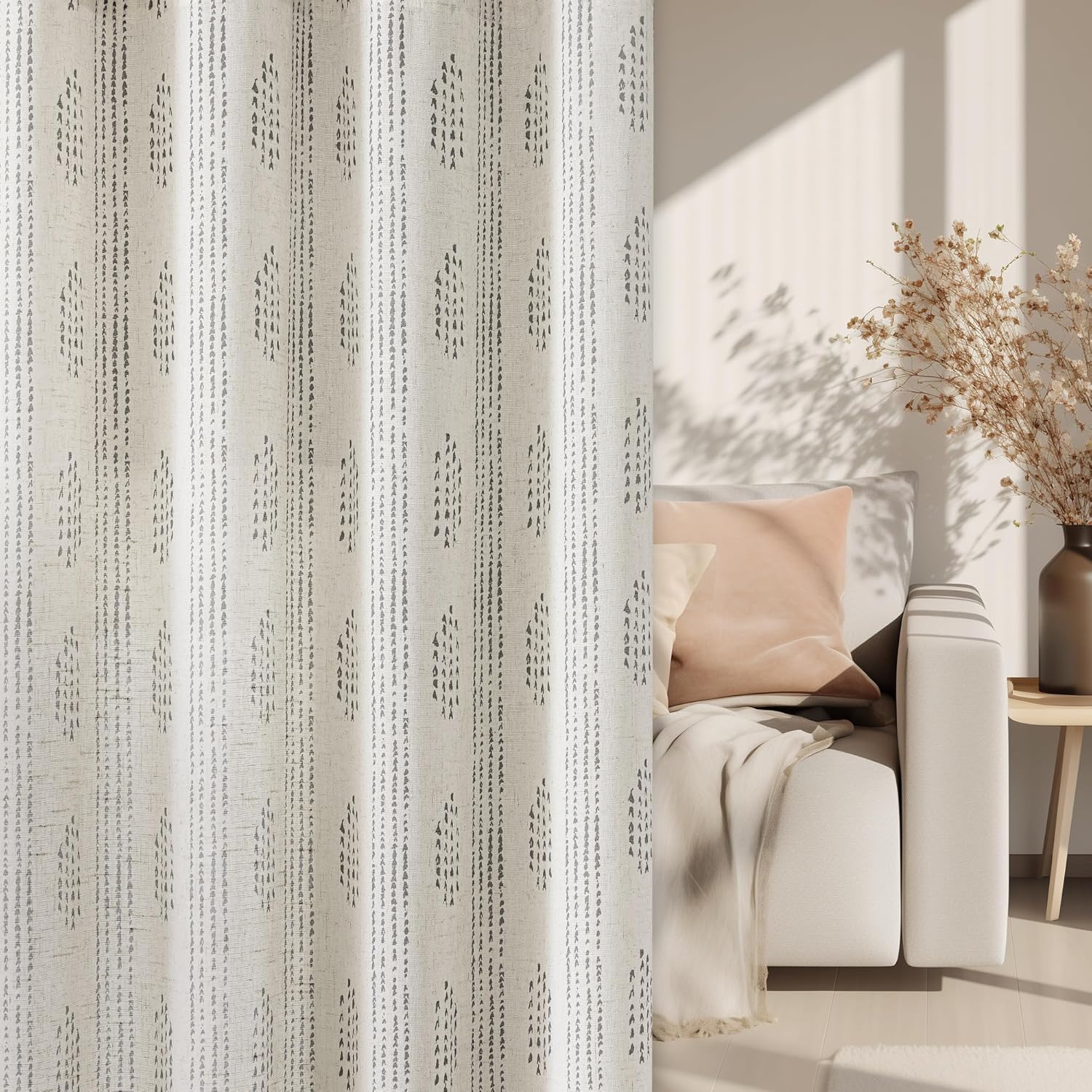 Boho Linen Curtains 2 Panels Black on Beige