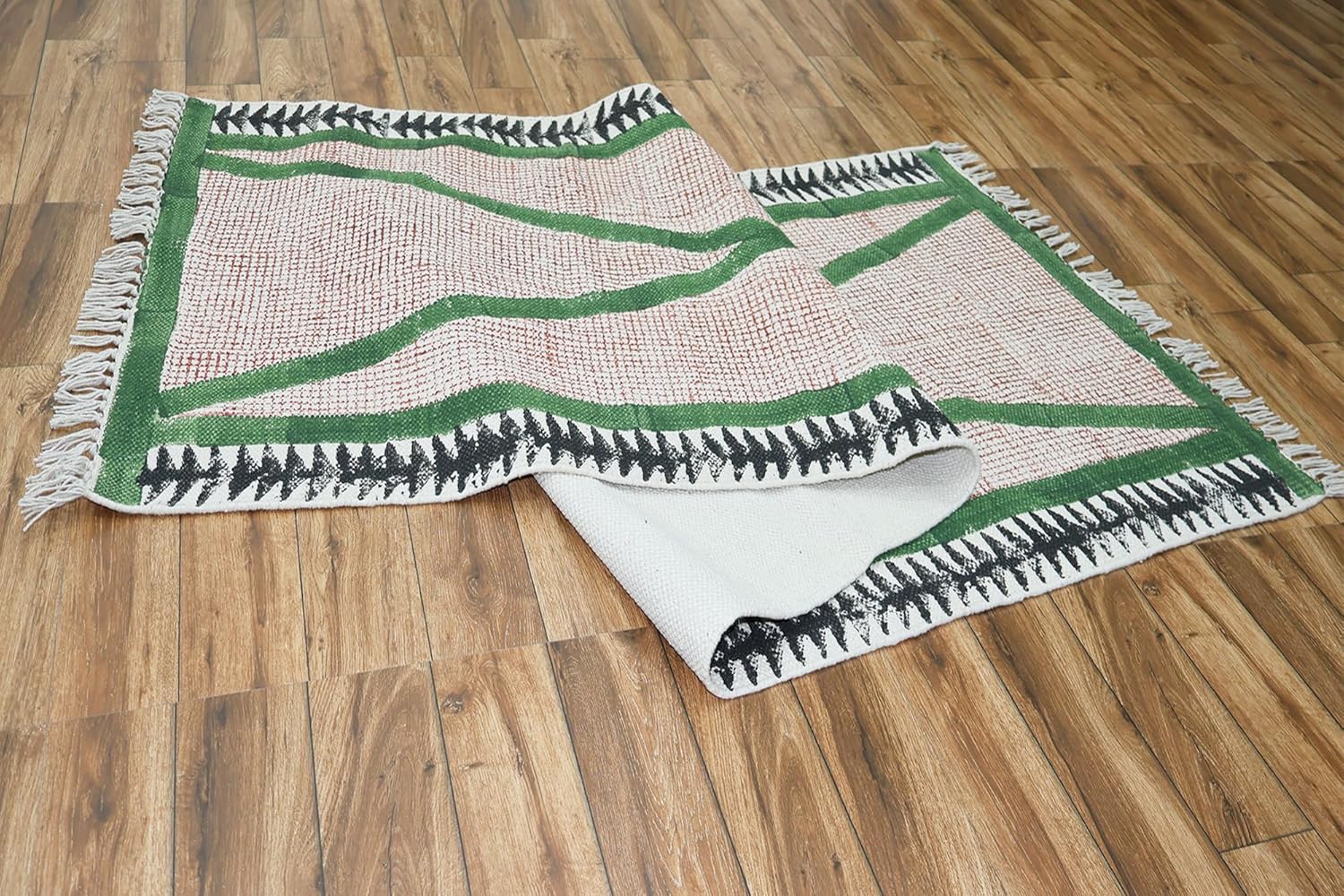 Art of Jaipur Cotton Runner Rug 4x8 Green Block Printed Dhurrie