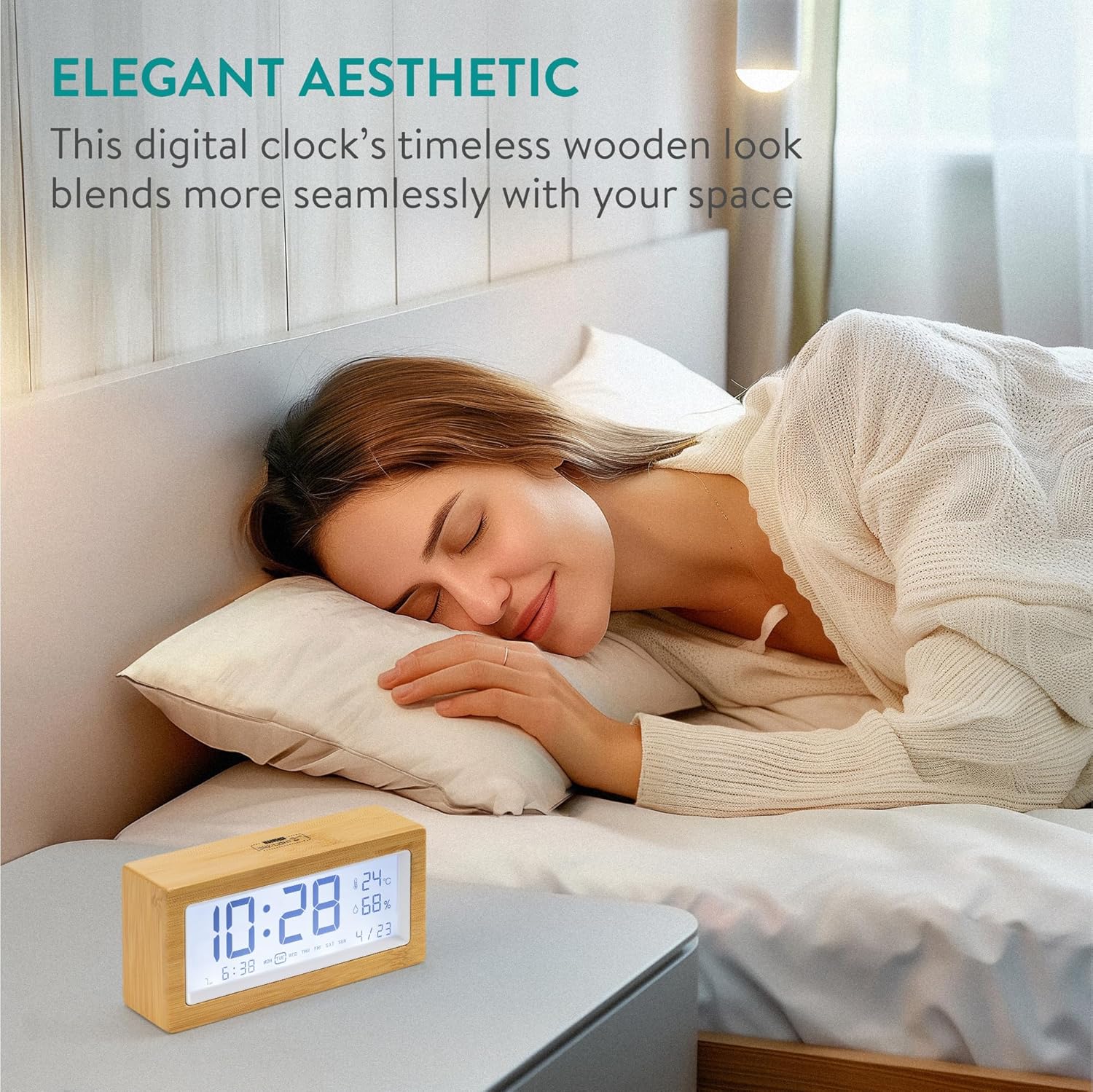 Navaris Digital Alarm Clock with Bamboo Frame and LCD Display 1