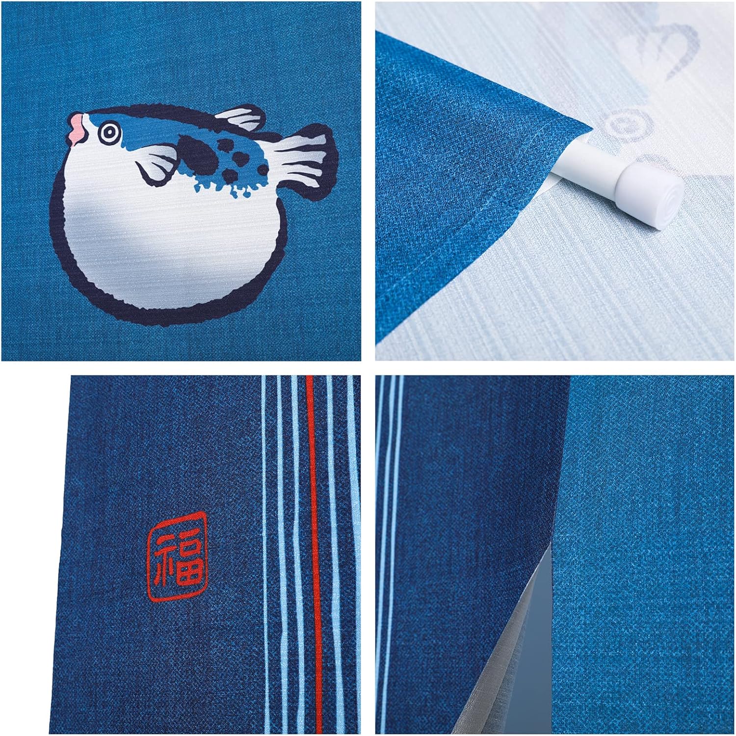 Japanese Noren Door Curtain Tapestry with Puffer Fish Design 33x59 Inch