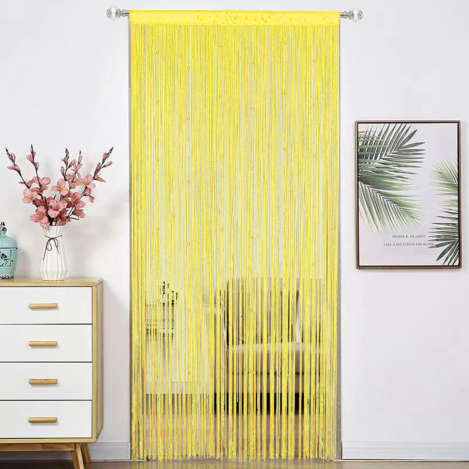 Beaded Curtain Door Divider with Telescopic Rod Yellow 100x200cm