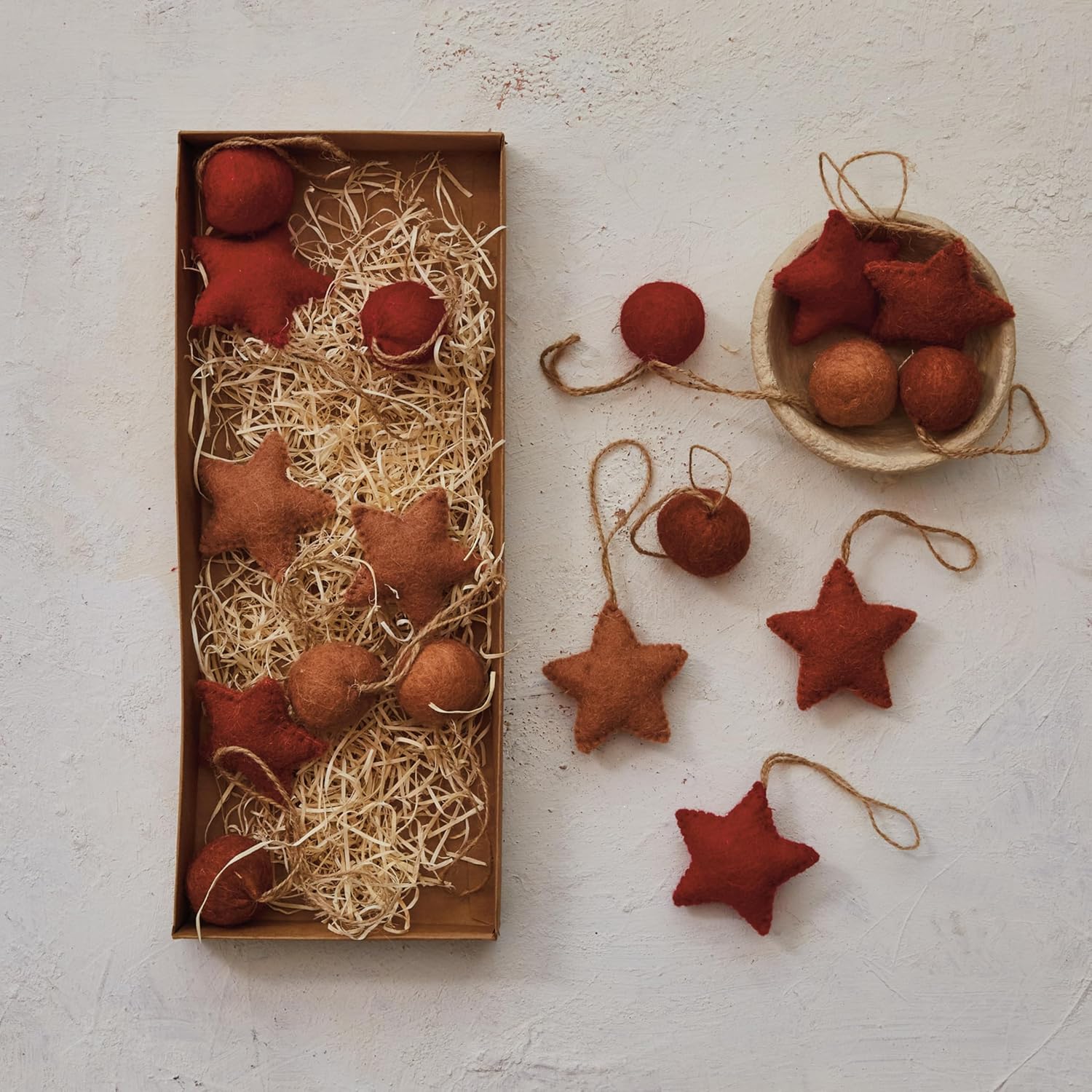 Creative Co Op Handmade Wool Felt Ornaments Set of 18 Red Brown