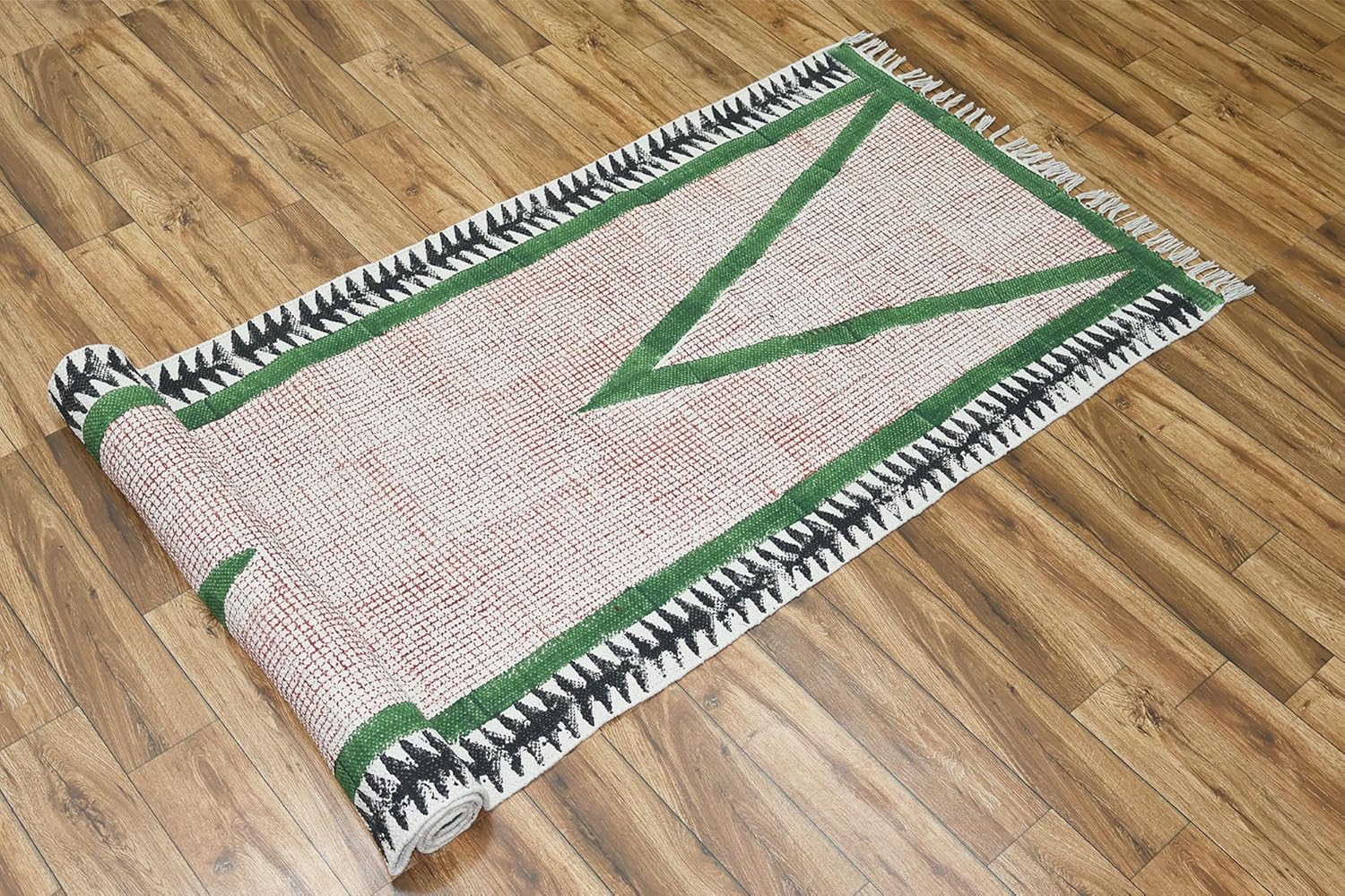 Art of Jaipur Cotton Runner Rug 4x8 Green Block Printed Dhurrie