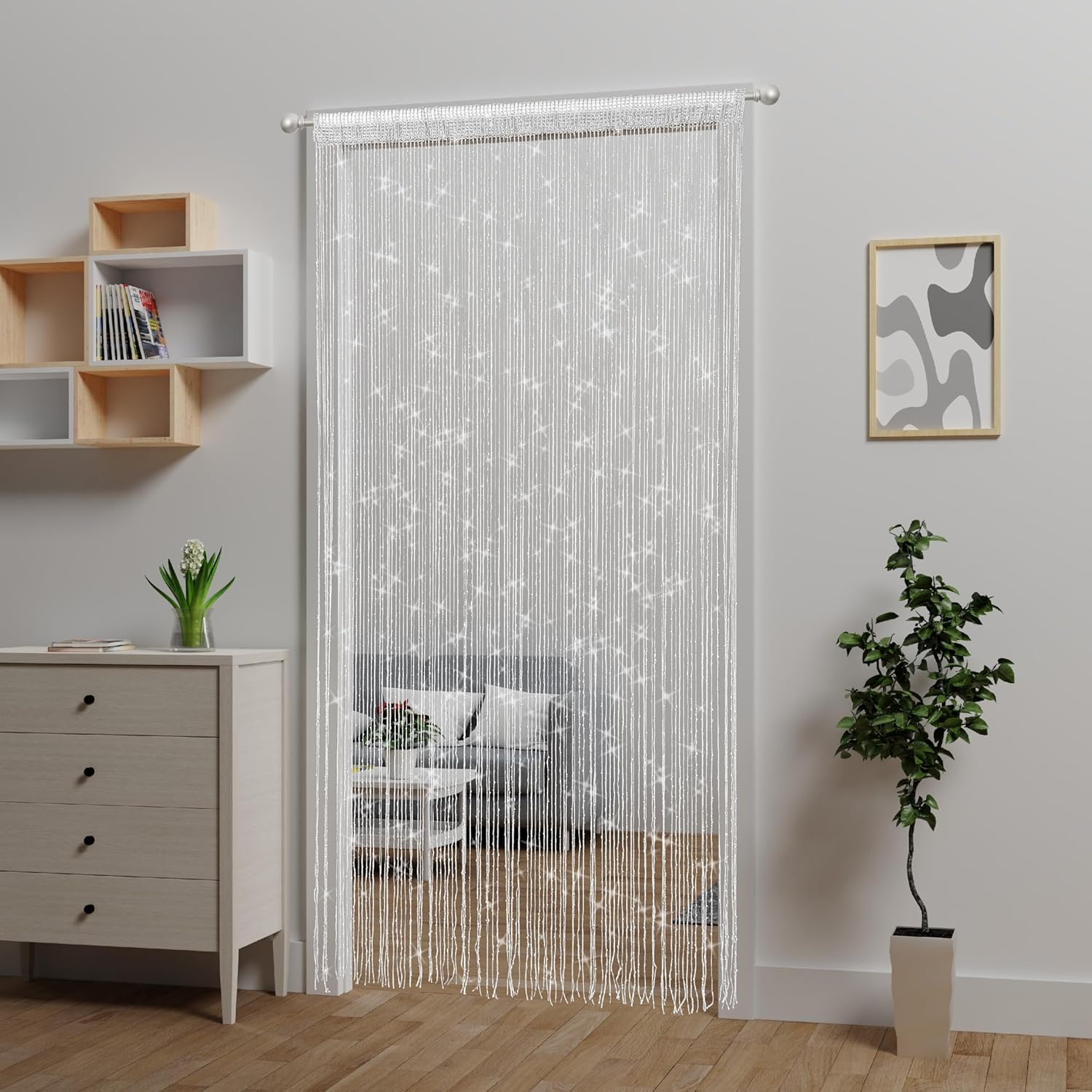 White Beaded Curtain with Tassels for Doorway Decor