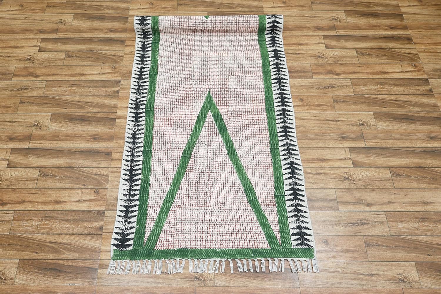 Art of Jaipur Cotton Runner Rug 4x8 Green Block Printed Dhurrie