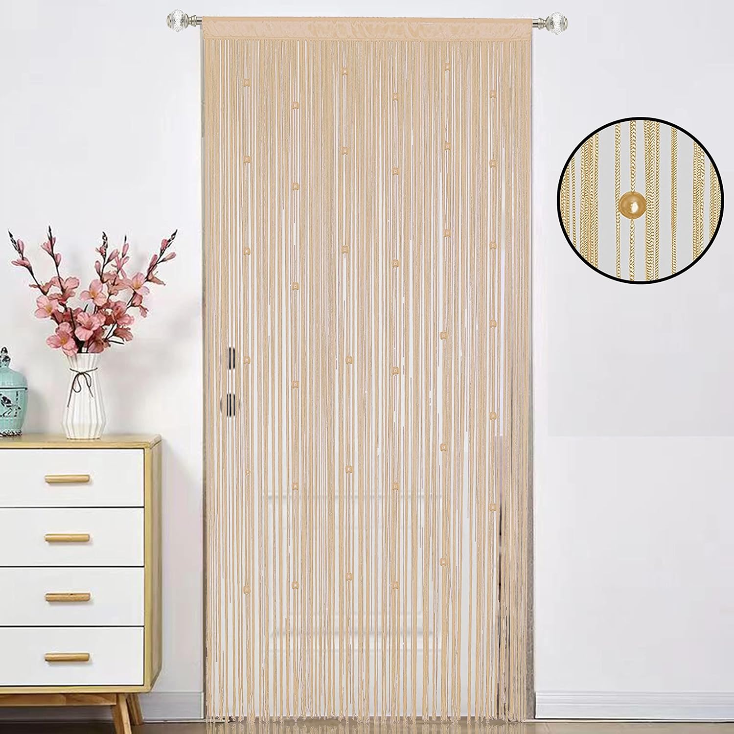Beaded Curtain Door Divider with Telescopic Rod