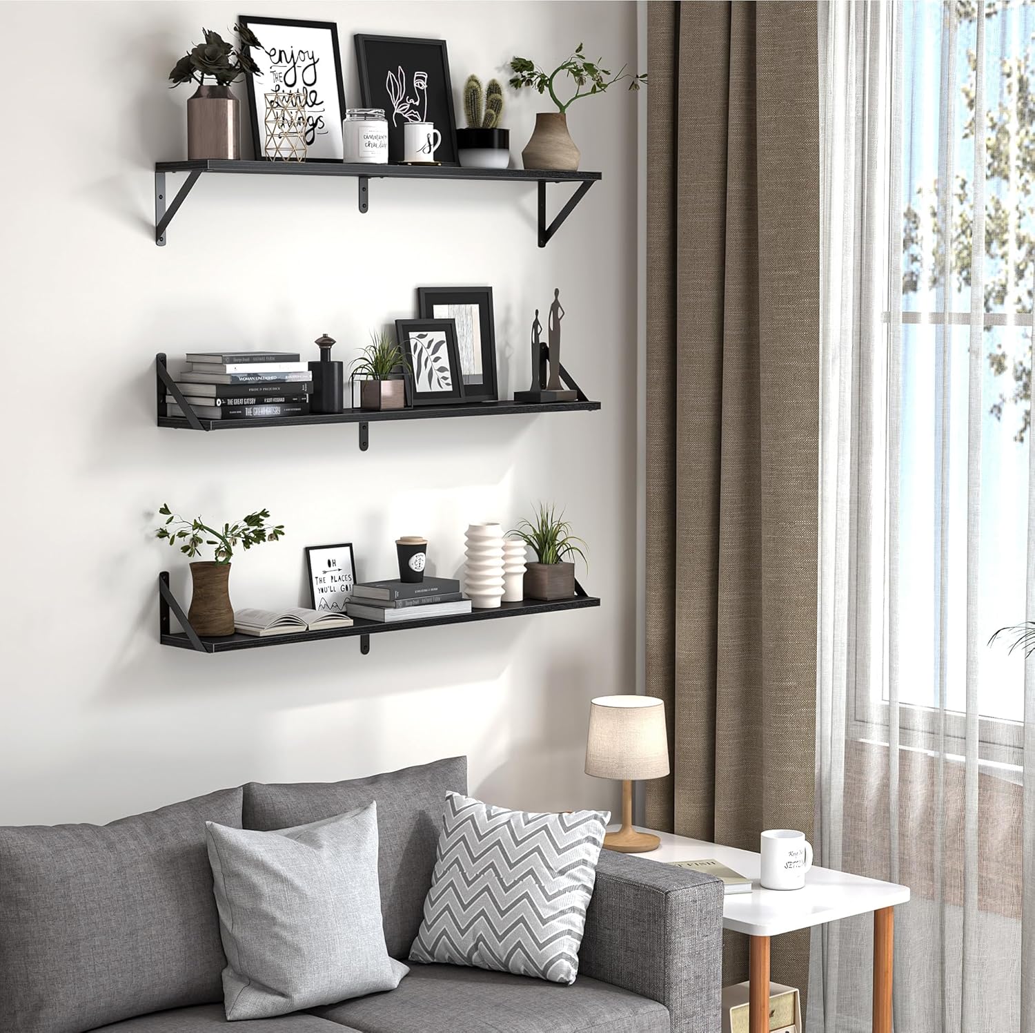 Heimlove Floating Shelves Set of 3 36 Inch Black Wood Wall Mounted
