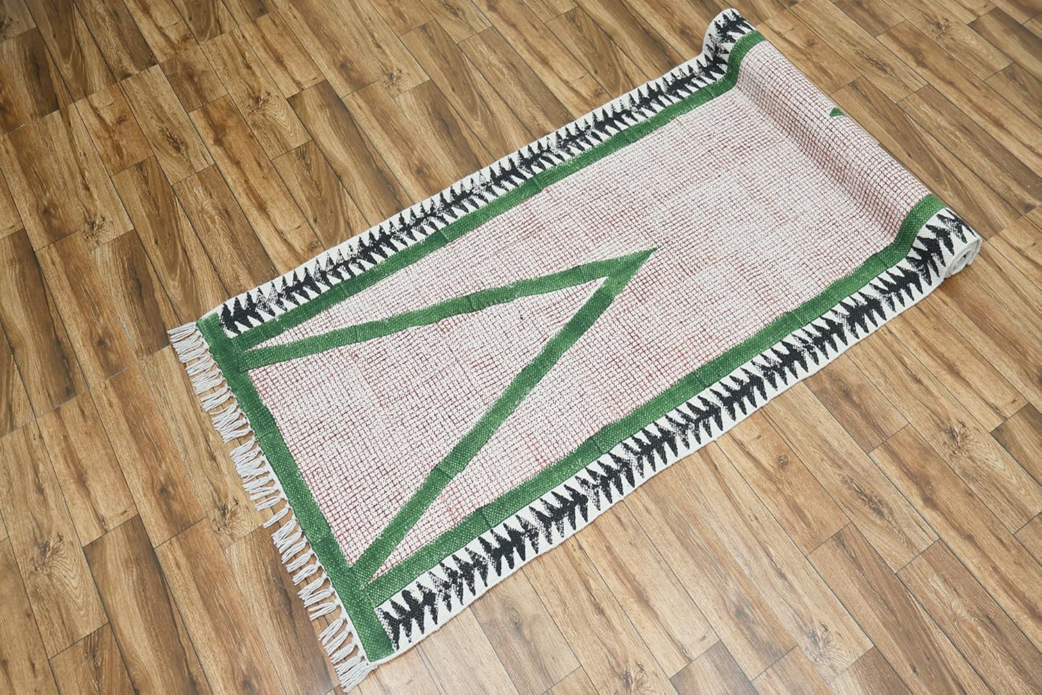 Art of Jaipur Cotton Runner Rug 4x8 Green Block Printed Dhurrie