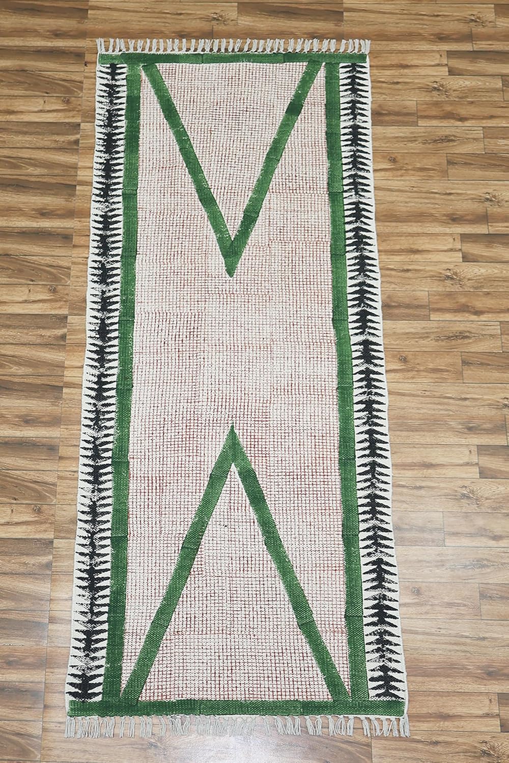 Art of Jaipur Cotton Runner Rug 4x8 Green Block Printed Dhurrie