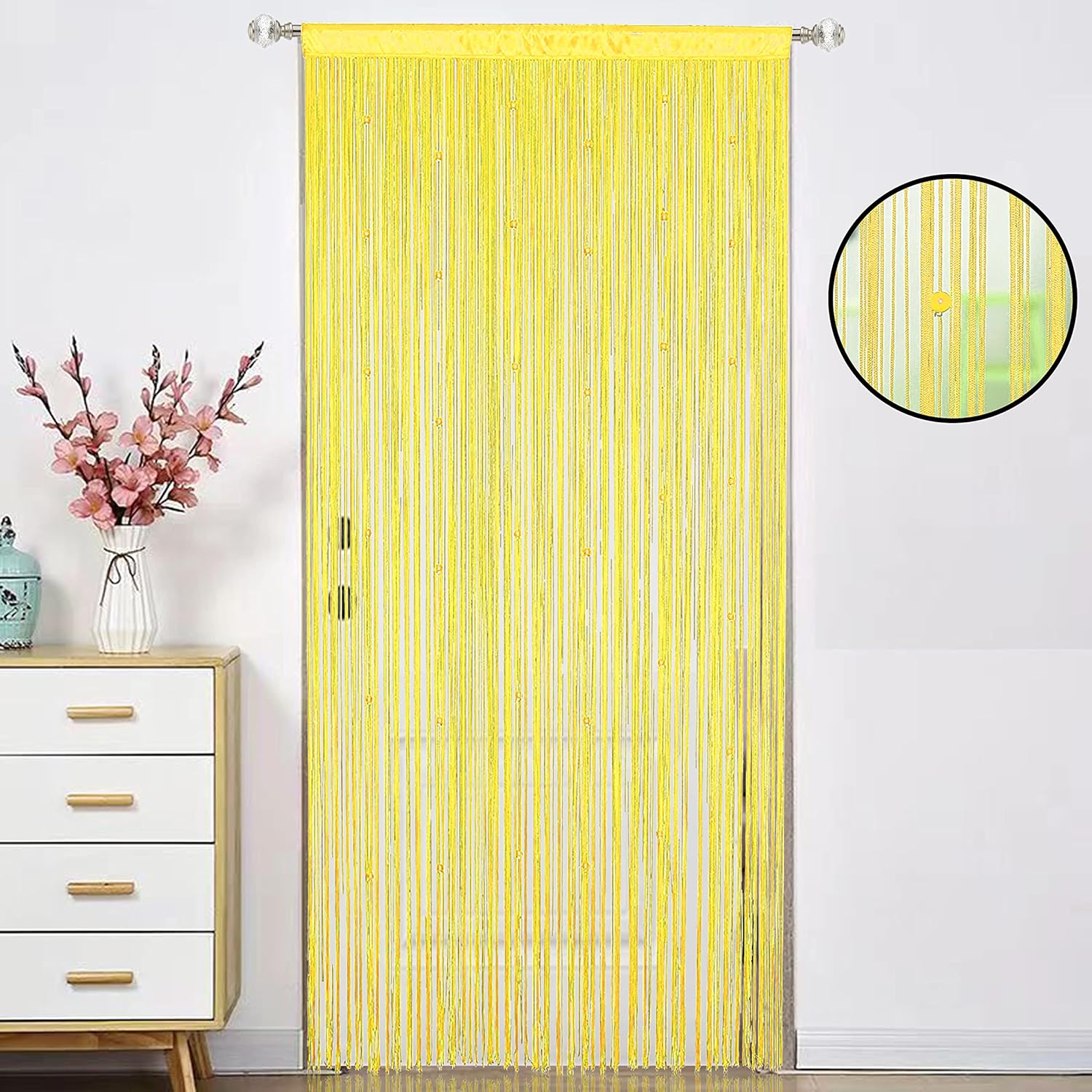 Beaded Curtain Door Divider with Telescopic Rod Yellow 100x200cm
