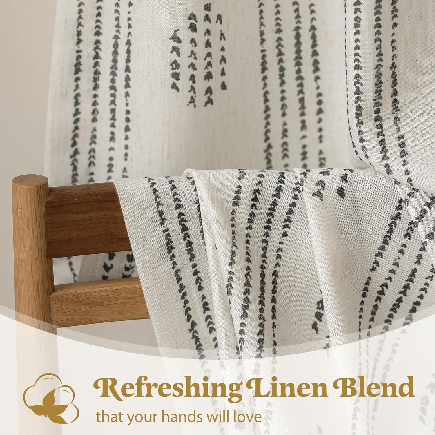 Boho Linen Curtains 2 Panels Black on Beige